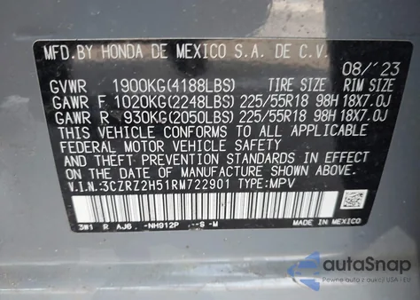 2024 Honda Hr-V Awd Sport/Awd Sport W/O Bsi z USA, uszkodzony, nr VIN 3CZRZ2H51RM722901